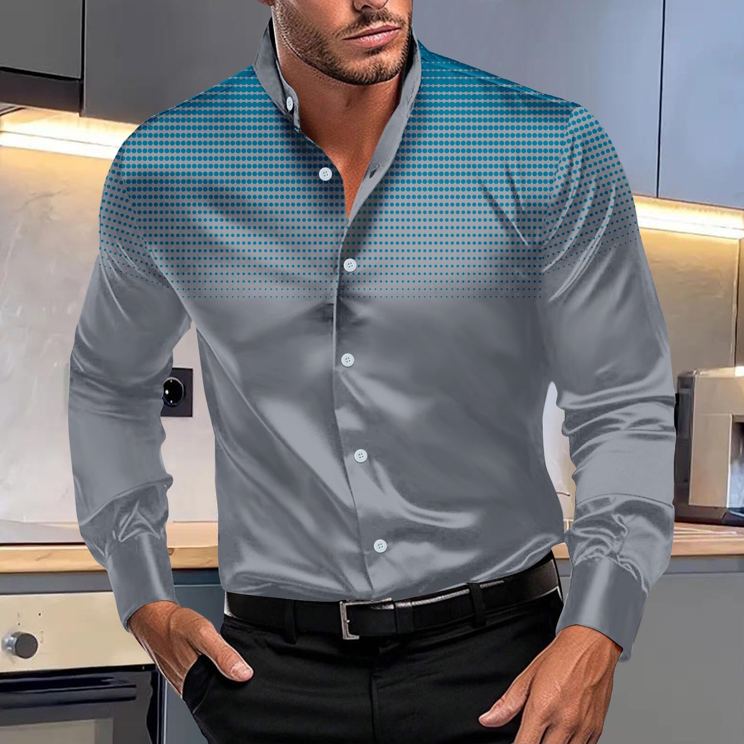 Ombre Four-sided Stretch Dotted Prints Stand Collar Long-sleeved Shirt (Multiple Colors)