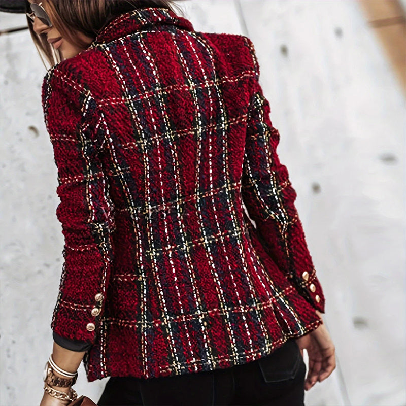 Women's Elegant Checkered Long Sleeve Blazer - Double-Breasted Printed Jacket (Multiple Colors)