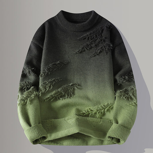 Mens Distressed Ombre Round Neck Pullover Sweater (Multiple Colors)