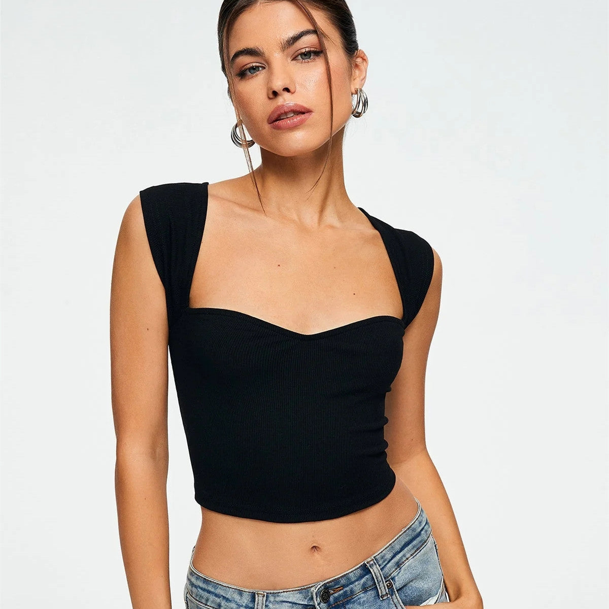 Women's Slim Fit Square Neck Ultra Short Sleeveless Vest Top