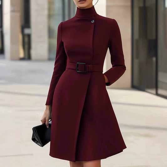 Women's Stand Collar Elegant High Waist Belted Long Sleeve Midi Dress (Multiple Colors)