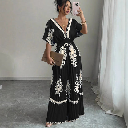 Casual Printed Loose Pleated Elegant Bohemian Short-sleeved Jumpsuit (Multiple Colors)