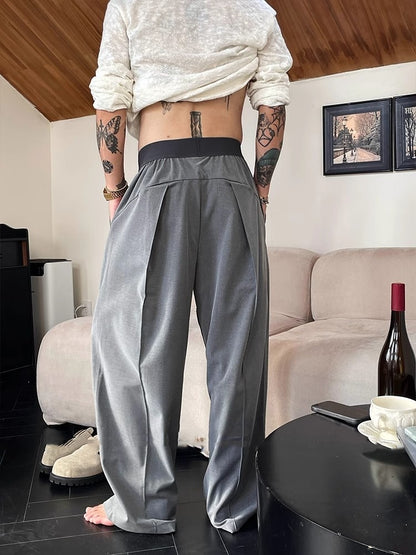 Mens Contrast Color Elastic Waist Pleated Wide-leg Relaxed Pants (Multiple Colors)