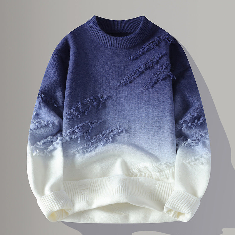 Mens Distressed Ombre Round Neck Pullover Sweater (Multiple Colors)