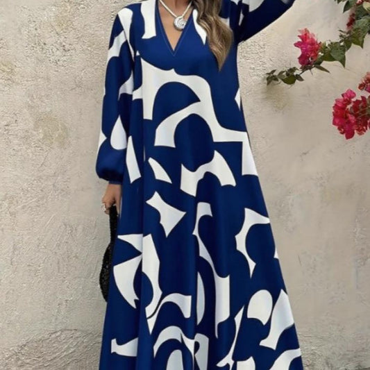 Elegant V-Neck Long-Sleeve Fashionable Floral Print Dress For Women (Multiple Colors)