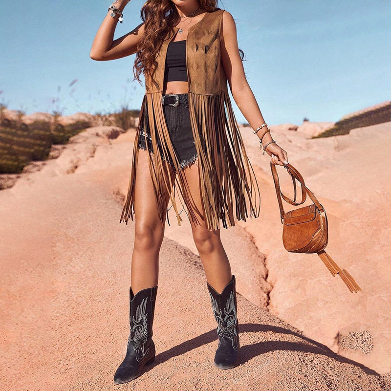 Women's Solid Color Elegant Western Fringe Vest (Brown)