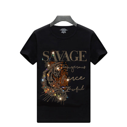Savage Round Neck Rhinestone Lion Short Sleeve T-shirt (Multiple Colors)