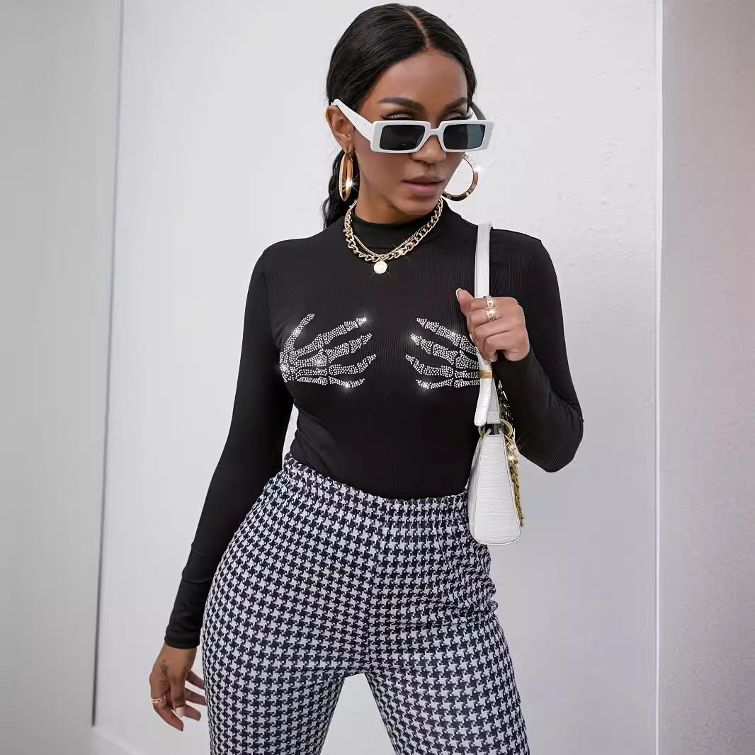 Rib Knitted Skull Rhinestone Top (Black)