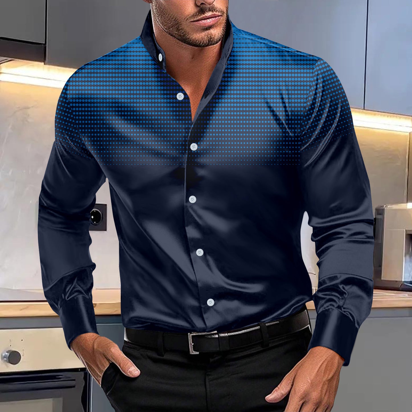 Ombre Four-sided Stretch Dotted Prints Stand Collar Long-sleeved Shirt (Multiple Colors)