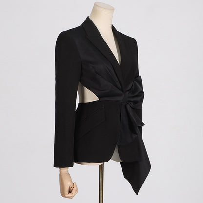 Fashion Sexy V-neck Midriff Bow  Lace-up Waist Tight Suit Jacket (Black)
