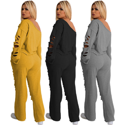 Women's Ripped Loose Sweater Two-piece Suit (Multiple Colors)