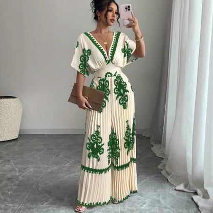 Casual Printed Loose Pleated Elegant Bohemian Short-sleeved Jumpsuit (Multiple Colors)