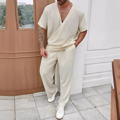 Men's Kimono Style Casual Solid Color Short-sleeved Shirt & Trousers Travel Set Loungewear
