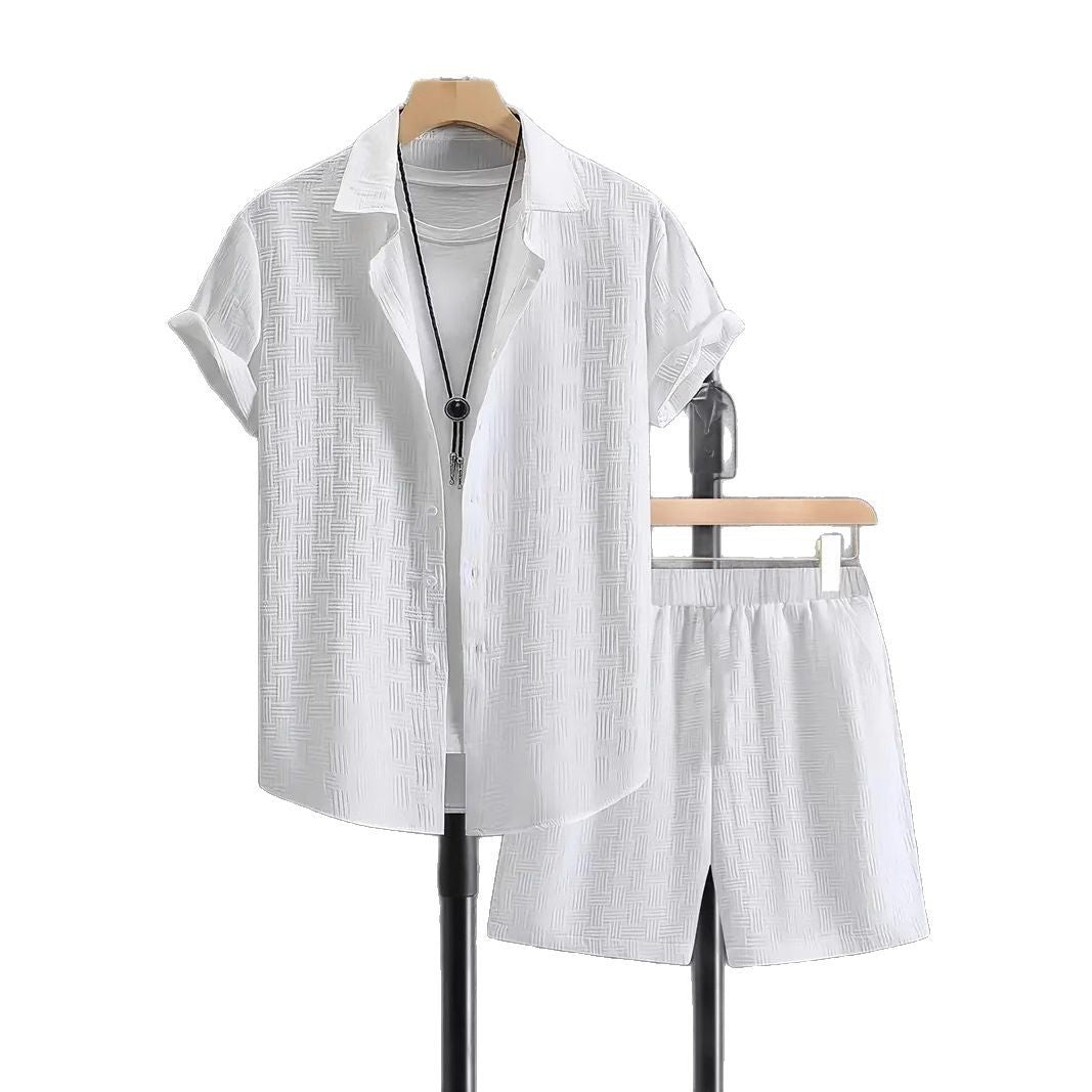 Summer Jacquard Solid Color Short Sleeve Button Down Shirt and Shorts Set (Multiple Colors)