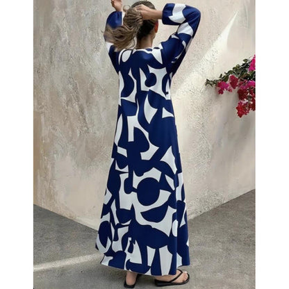 Elegant V-Neck Long-Sleeve Fashionable Floral Print Dress For Women (Multiple Colors)