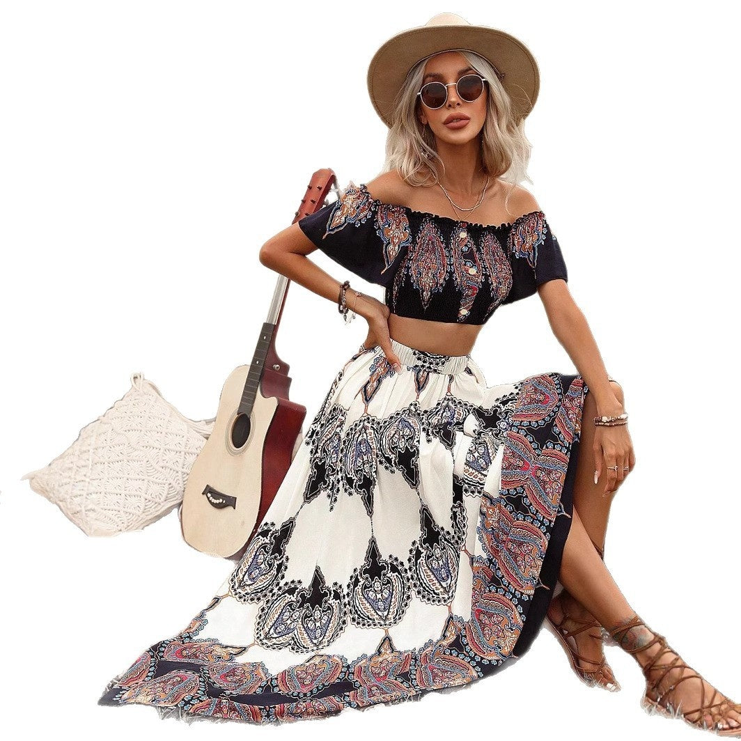 Bohemian Crop Top and High Waisted Flowy Skirt Set