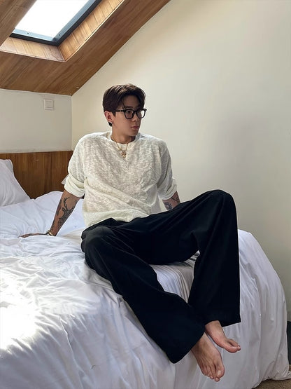 Mens Contrast Color Elastic Waist Pleated Wide-leg Relaxed Pants (Multiple Colors)