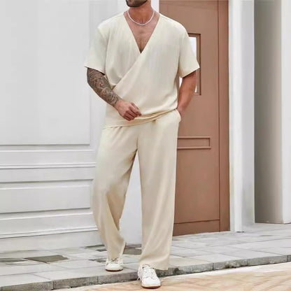 Men's Kimono Style Casual Solid Color Short-sleeved Shirt & Trousers Travel Set Loungewear
