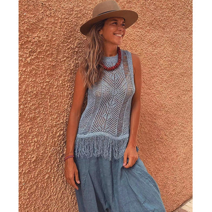 Loose Knitted Fringe Sleeveless Sweater Top (Multiple Colors)
