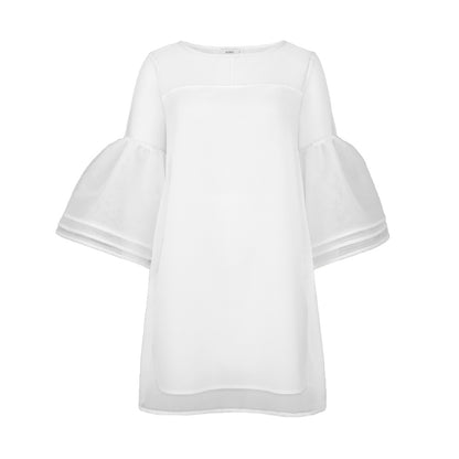 Womens Bell Sleeve Mesh Detail Dress (White)