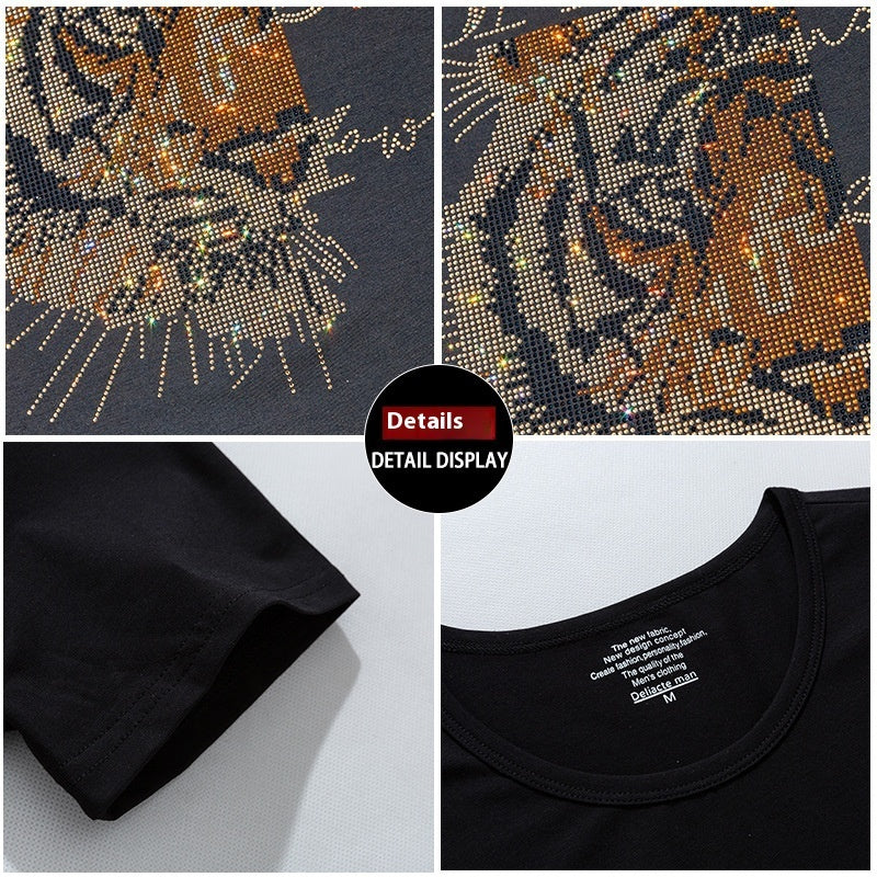 Savage Round Neck Rhinestone Lion Short Sleeve T-shirt (Multiple Colors)