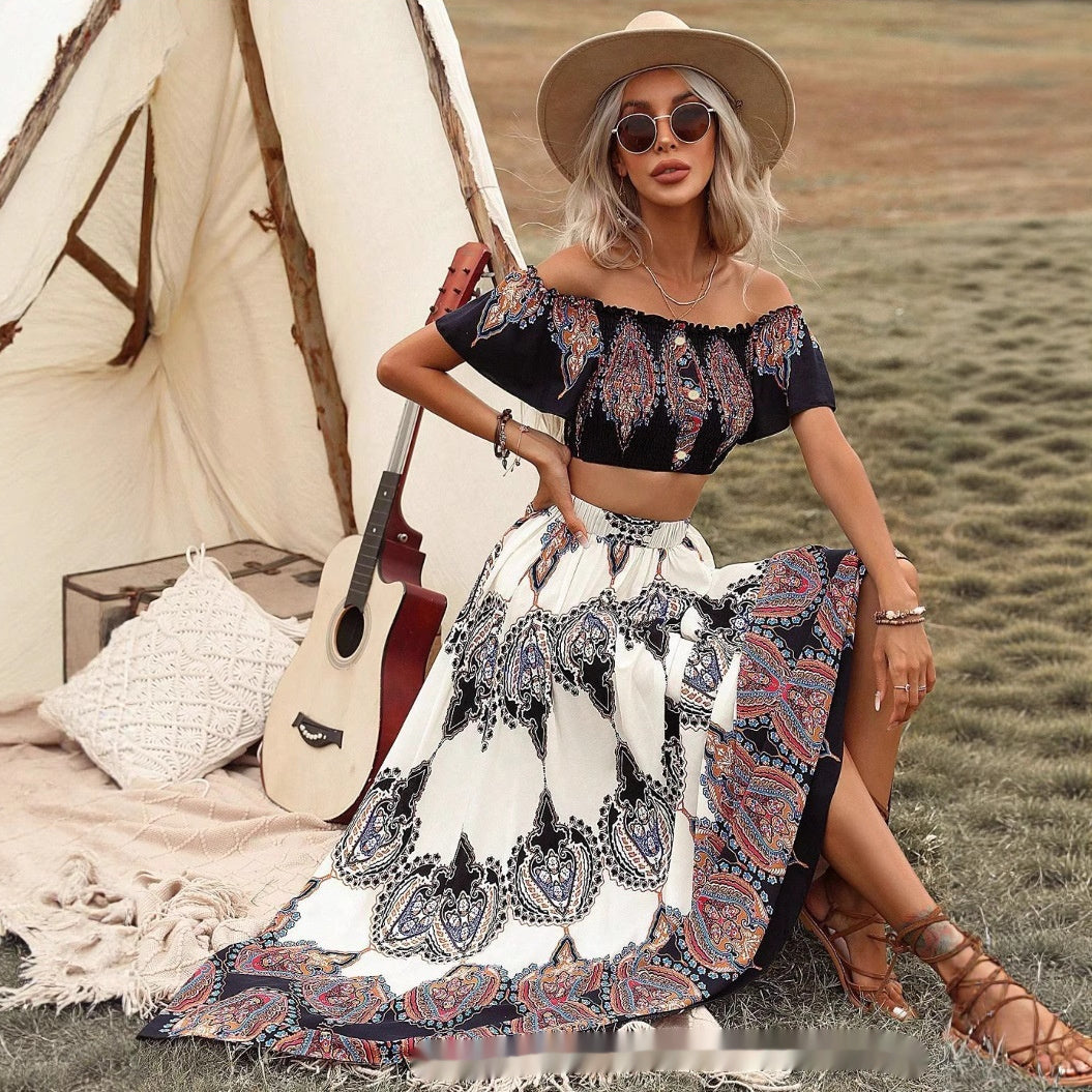 Bohemian Crop Top and High Waisted Flowy Skirt Set