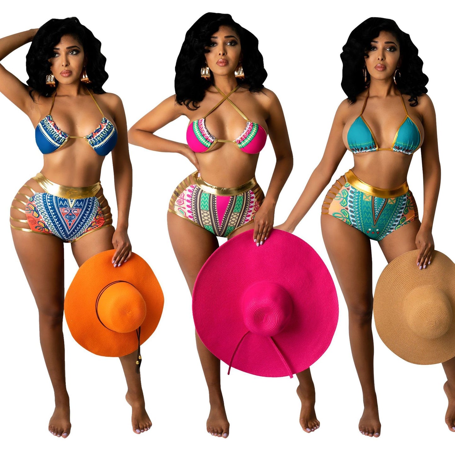 Gorgeous Gold Detail Bikini Digital Print Swimsuit (Multiple Colors)