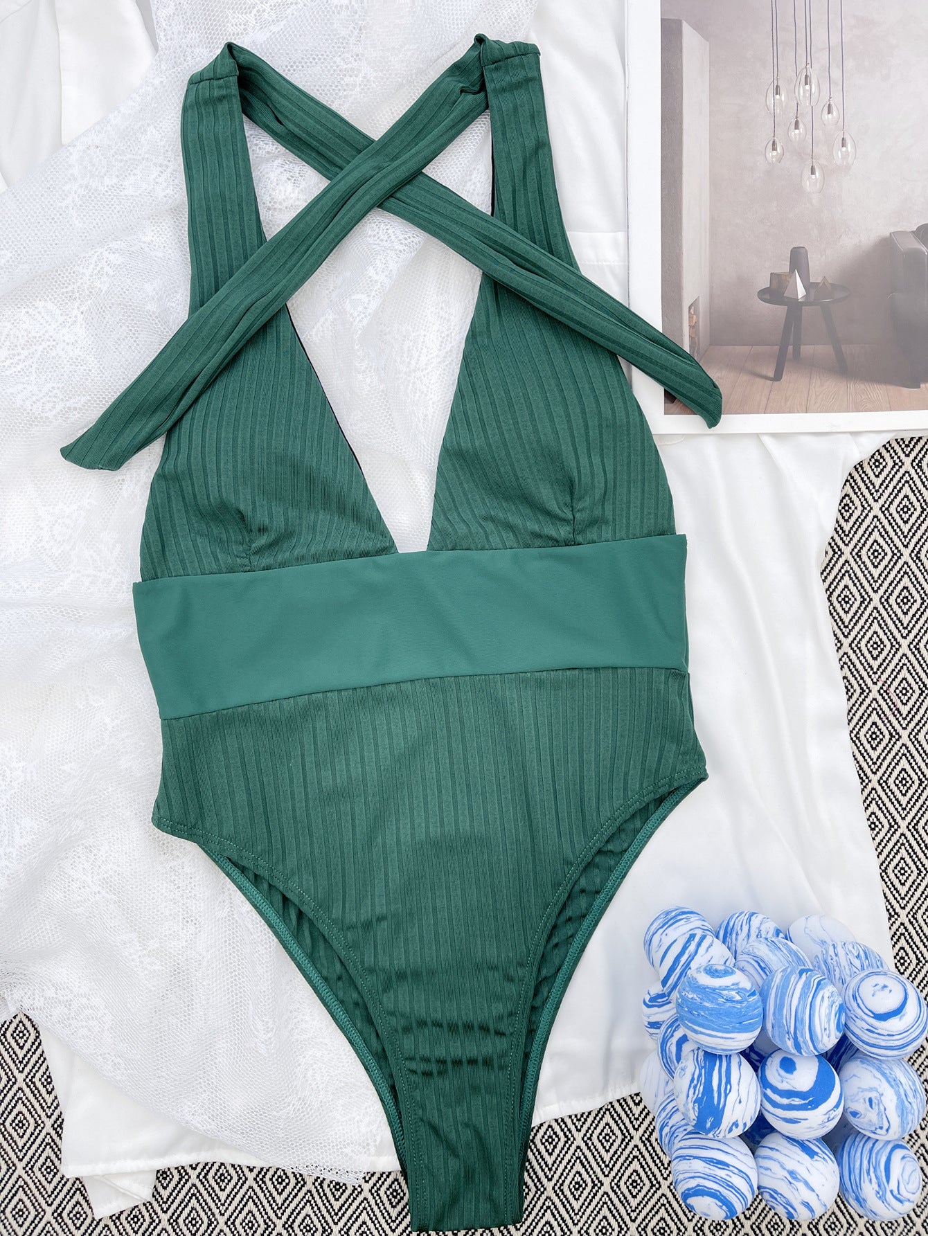 One-piece Sexy Deep V Halter Swimsuit (Green)
