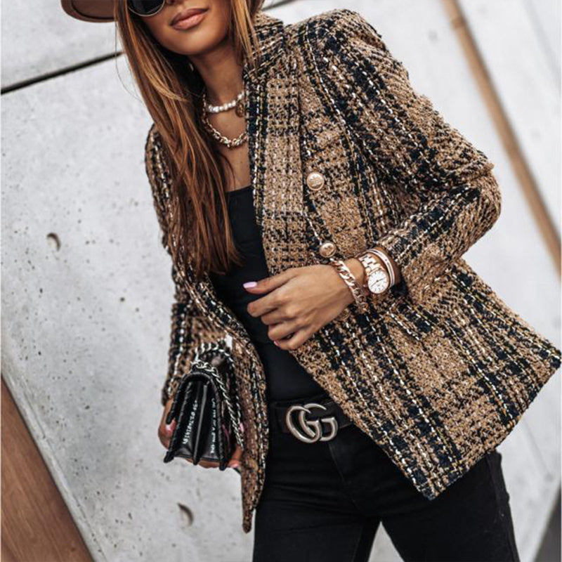 Women's Elegant Checkered Long Sleeve Blazer - Double-Breasted Printed Jacket (Multiple Colors)