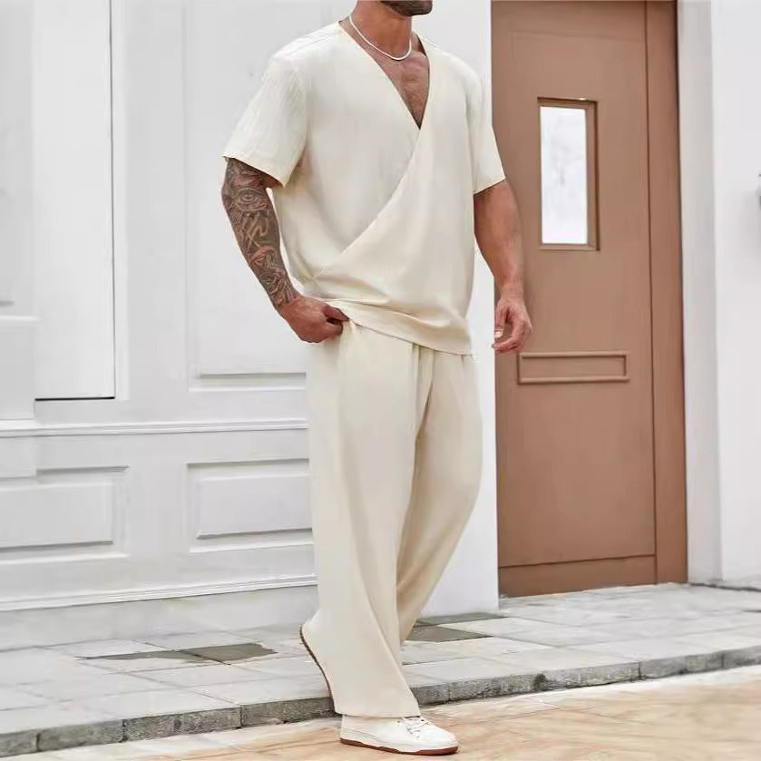 Men's Kimono Style Casual Solid Color Short-sleeved Shirt & Trousers Travel Set Loungewear