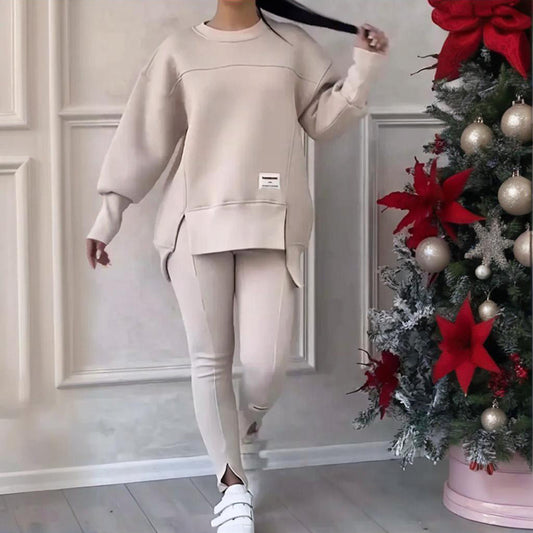 Women's Solid Color 2-Piece Loungewear Set, Loose Fit Top With Slit Hem & Slim Fit Pants (Multiple Colors)