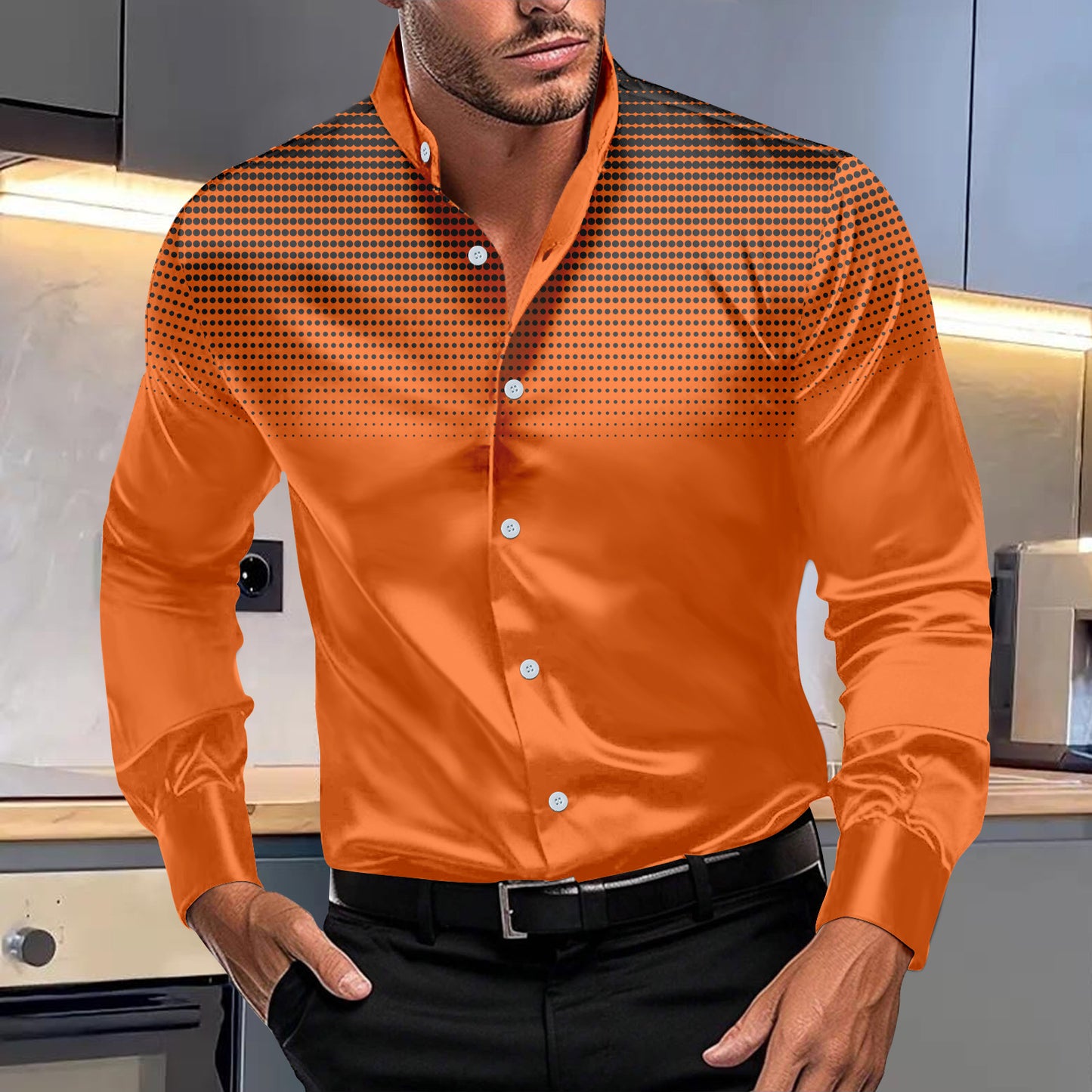 Ombre Four-sided Stretch Dotted Prints Stand Collar Long-sleeved Shirt (Multiple Colors)
