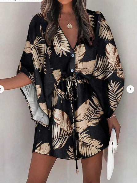 Women's Printed Batwing Sleeve Dress With Botanical Design