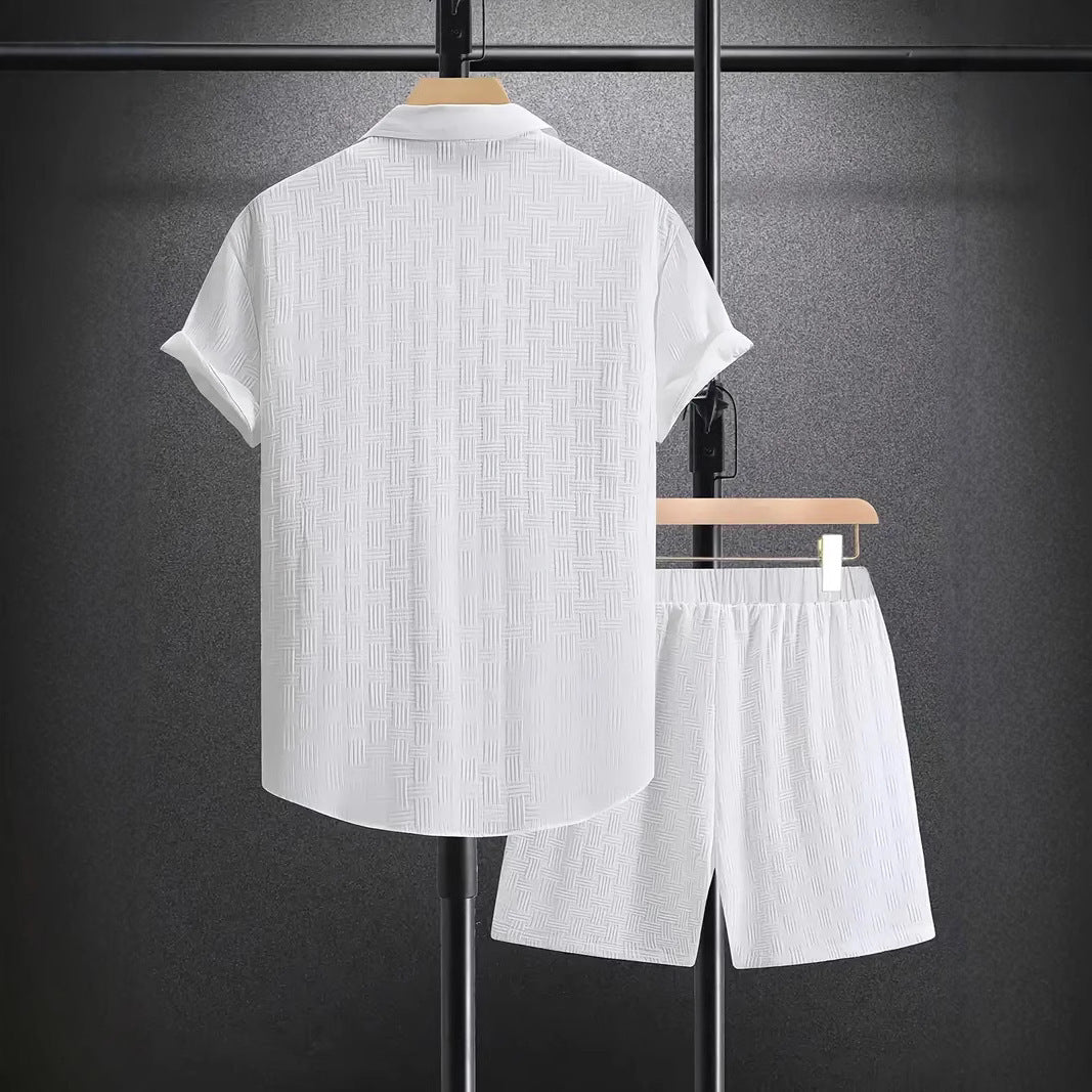 Summer Jacquard Solid Color Short Sleeve Button Down Shirt and Shorts Set (Multiple Colors)