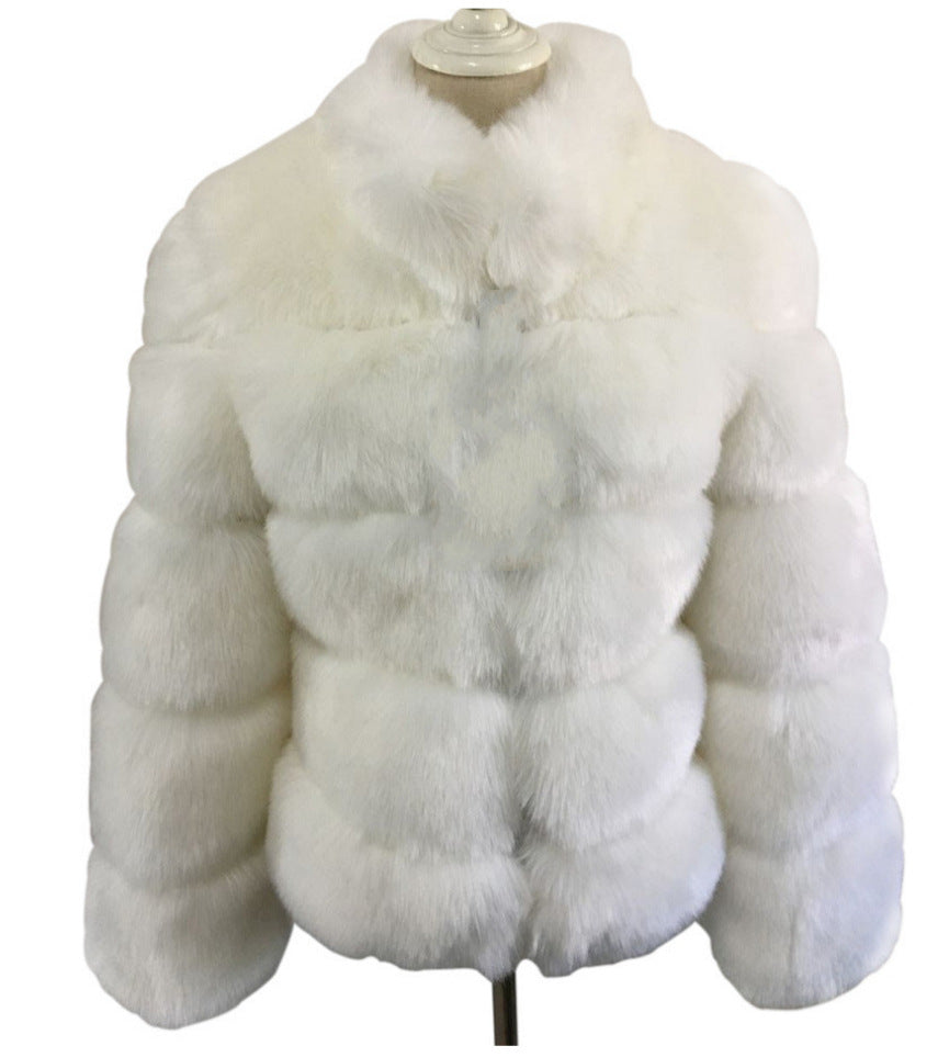 Vegan Fox Fur Slimming Stand Collar Splicing Coat (Multiple Colors)