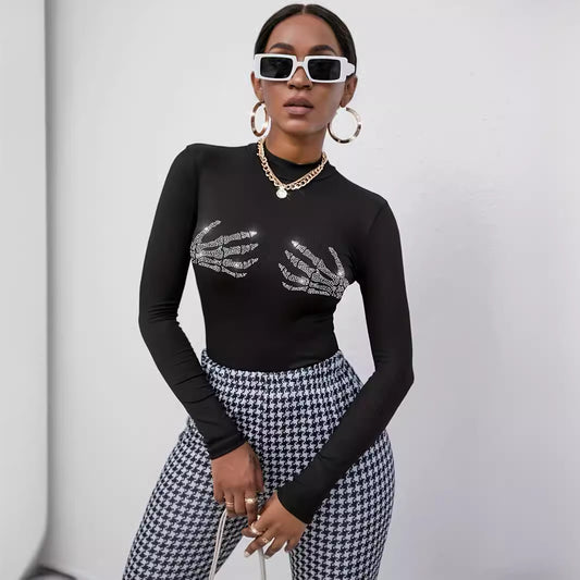 Rib Knitted Skull Rhinestone Top (Black)