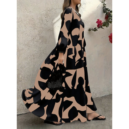 Elegant V-Neck Long-Sleeve Fashionable Floral Print Dress For Women (Multiple Colors)