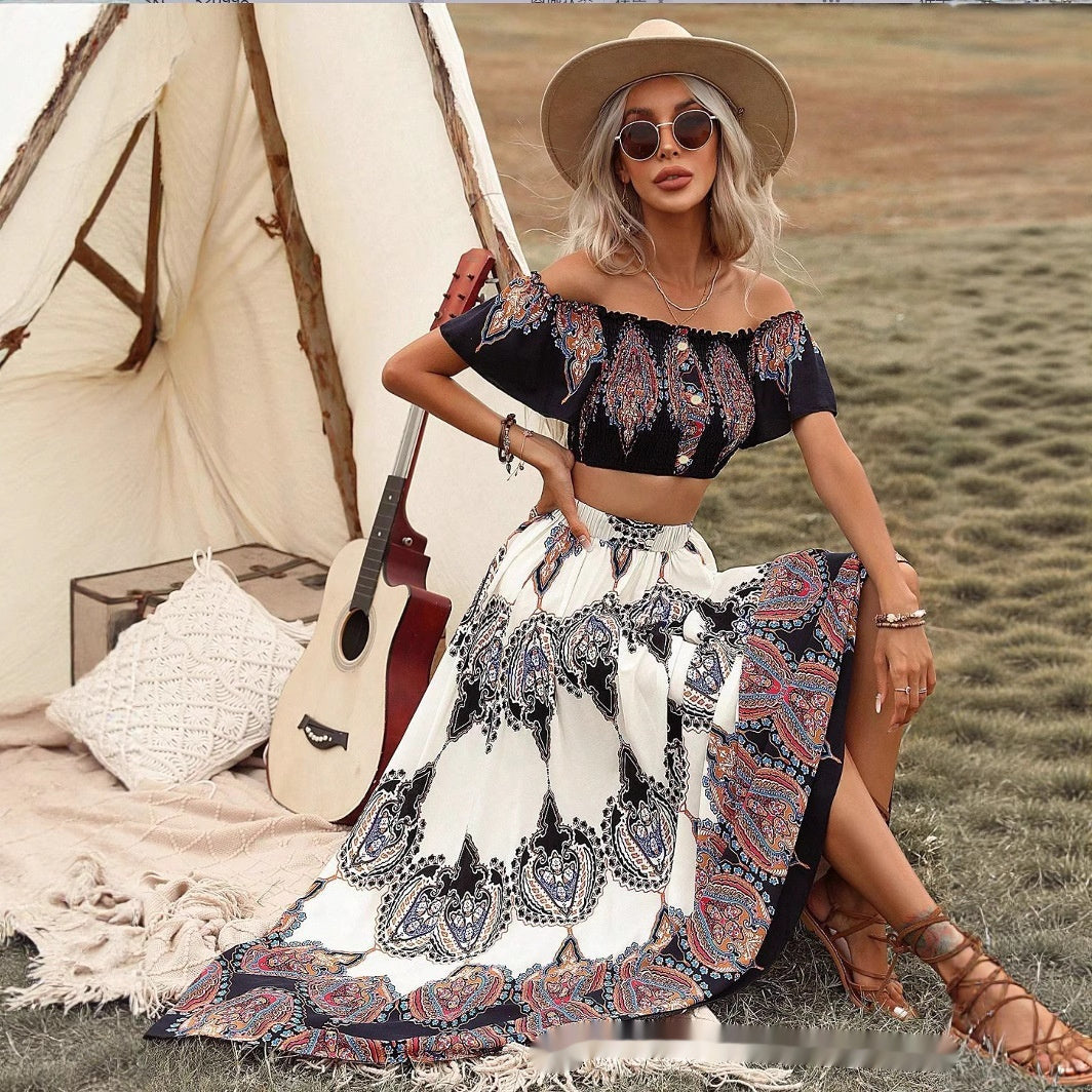 Bohemian Crop Top and High Waisted Flowy Skirt Set