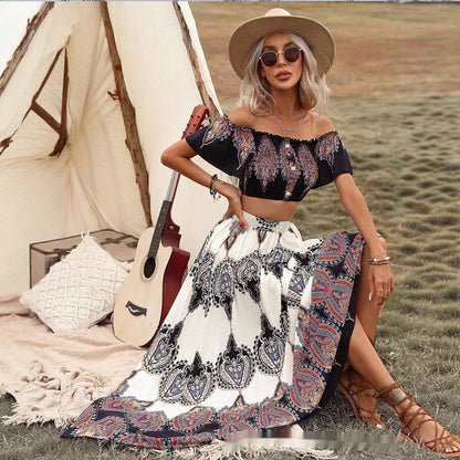 Bohemian Crop Top and High Waisted Flowy Skirt Set