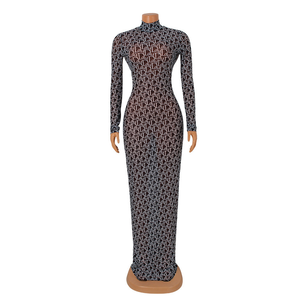 Mesh Modern Print High Neck Backless Long Bodycon Dress (Black/White)