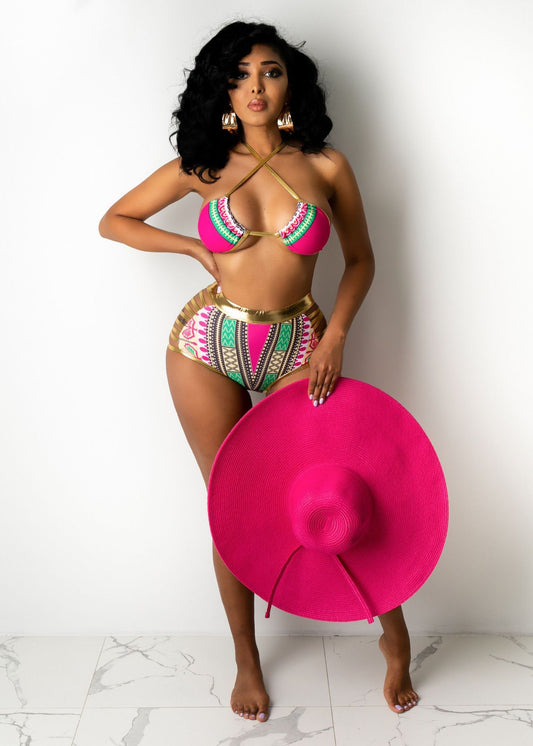 Gorgeous Gold Detail Bikini Digital Print Swimsuit (Multiple Colors)