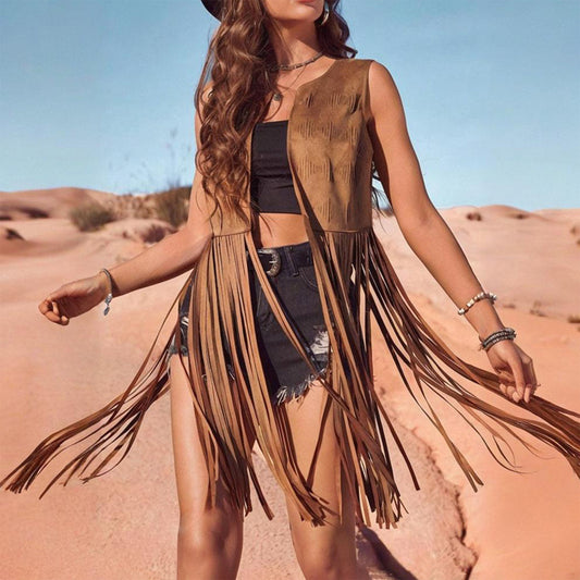 Women's Solid Color Elegant Western Fringe Vest (Brown)