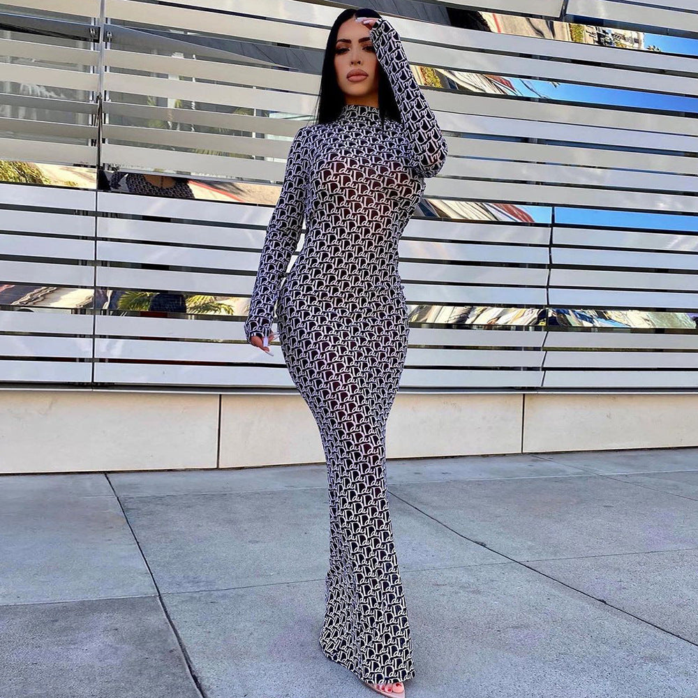 Mesh Modern Print High Neck Backless Long Bodycon Dress (Black/White)