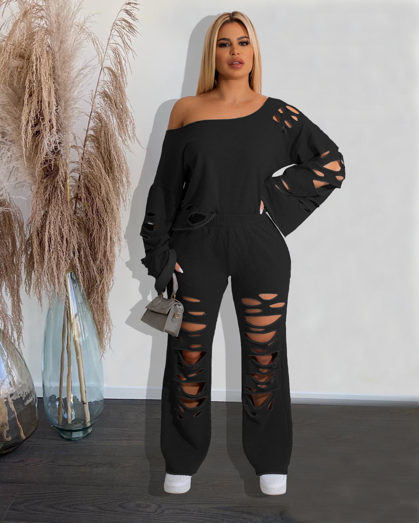 Women's Ripped Loose Sweater Two-piece Suit (Multiple Colors)