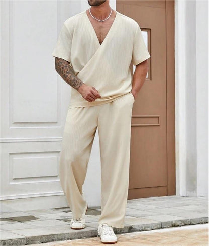 Men's Kimono Style Casual Solid Color Short-sleeved Shirt & Trousers Travel Set Loungewear