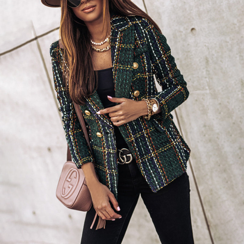 Women's Elegant Checkered Long Sleeve Blazer - Double-Breasted Printed Jacket (Multiple Colors)