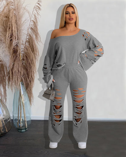 Women's Ripped Loose Sweater Two-piece Suit (Multiple Colors)
