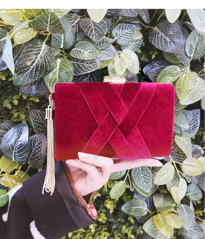 Luxury Milisente Velour Cross Stitch Metal and Rhinstone w/Tassel Clutch Bag (Multiple Colors)