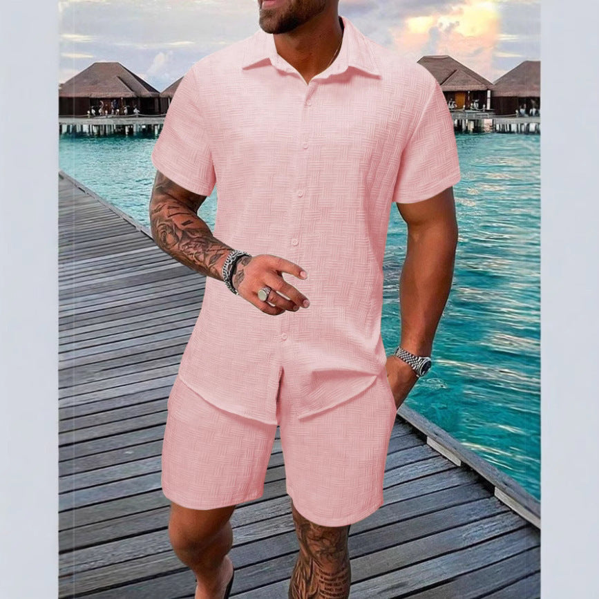 Summer Jacquard Solid Color Short Sleeve Button Down Shirt and Shorts Set (Multiple Colors)