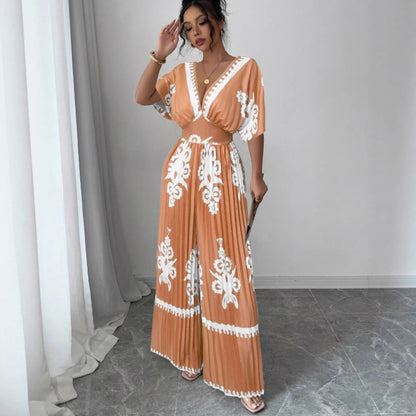Casual Printed Loose Pleated Elegant Bohemian Short-sleeved Jumpsuit (Multiple Colors)